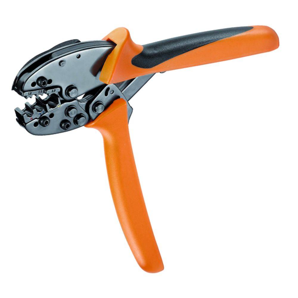 Op de afbeelding staat een oranje-zwarte krimptang met een ergonomische handgreep. Deze wordt gebruikt voor het verbinden van kabels en connectoren.