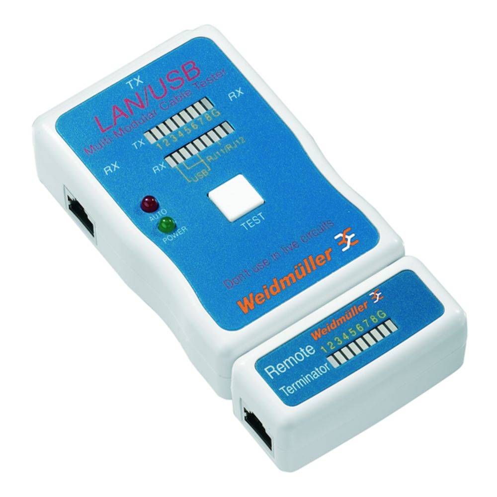Een LAN/USB-tester van het merk Weidmüller met LED-indicatoren en een remote-terminator, voor het controleren van netwerkkabelverbindingen.