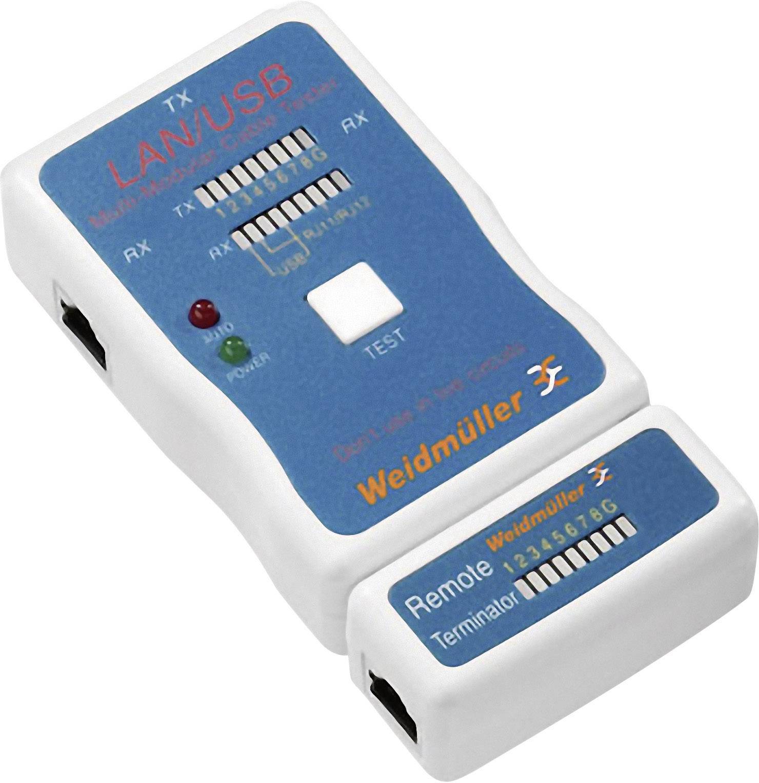 Weidmüller LAN USB-tester met aansluitingen, LED's voor testweergave en een externe beëindiging. Wit behuizing, blauwe opdruk.