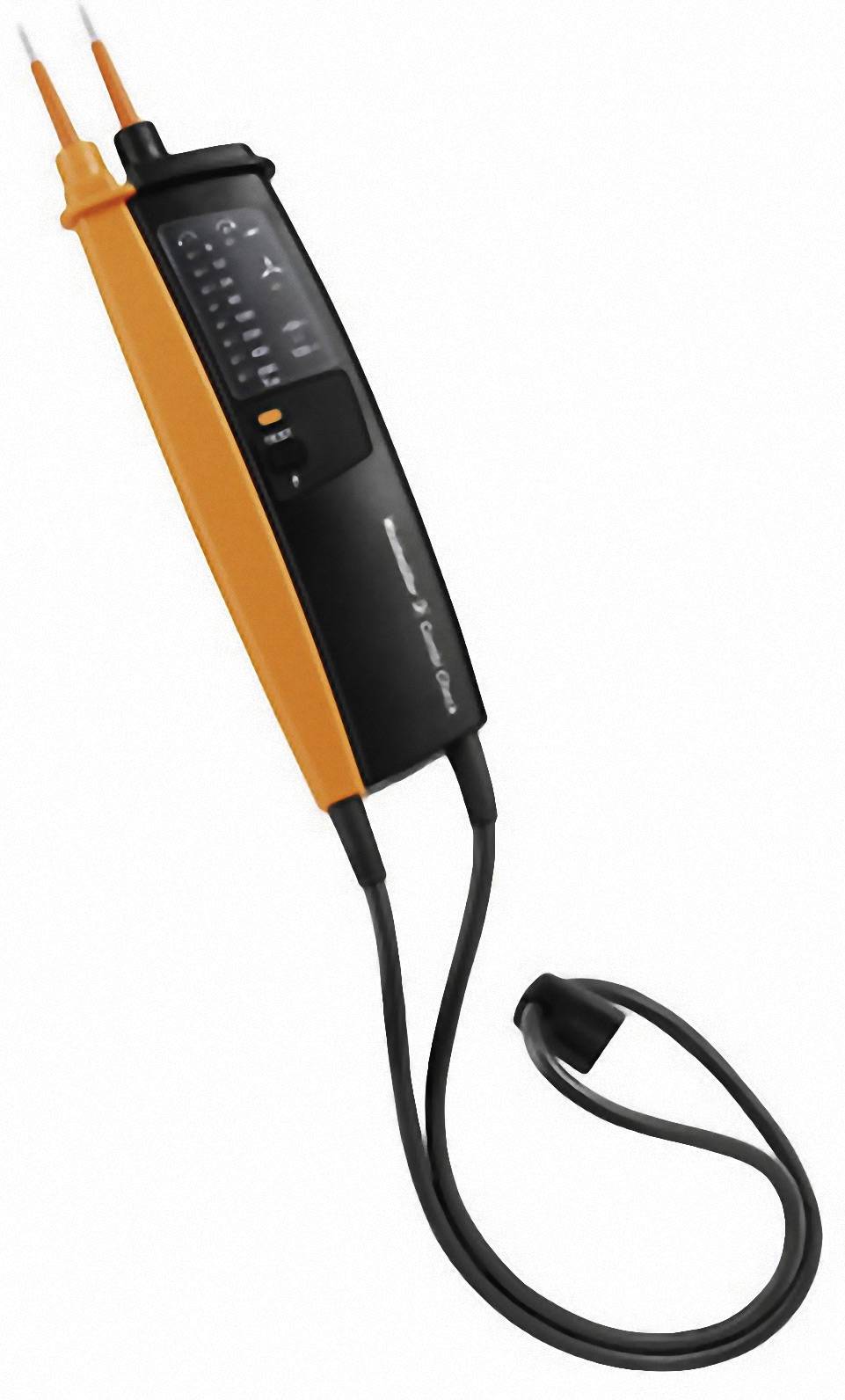 Spanningzoeker met oranje behuizing en zwarte kabel. Apparaat toont verschillende spanningsniveaus.