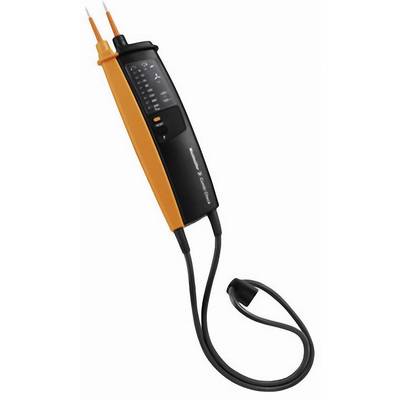 Spanningzoeker met oranje behuizing en zwarte kabel. Apparaat toont verschillende spanningsniveaus.