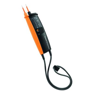 Een spanningszoeker met twee kabels voor het meten van elektrische spanning. Zwarte behuizing met oranje accenten.