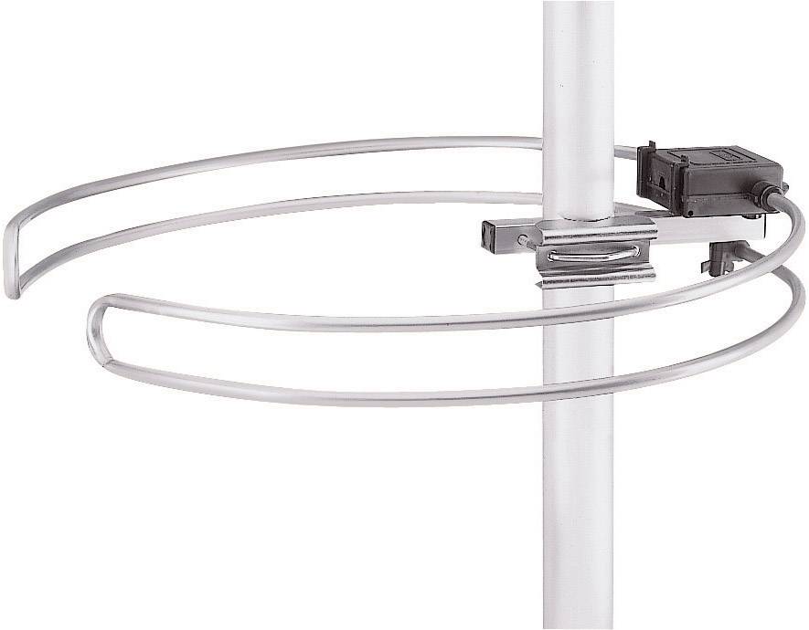 Metalen frame met twee gebogen ringen en een zwart, rechthoekig onderdeel bevestigd aan een verticale stang.