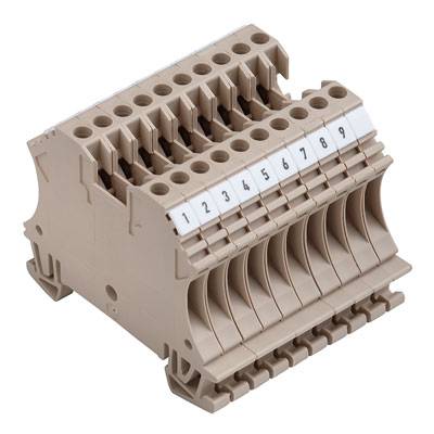 Meerpolige kunststof rekklem met genummerde aansluitingen van 1 tot 10, geschikt voor elektrische bedrading.