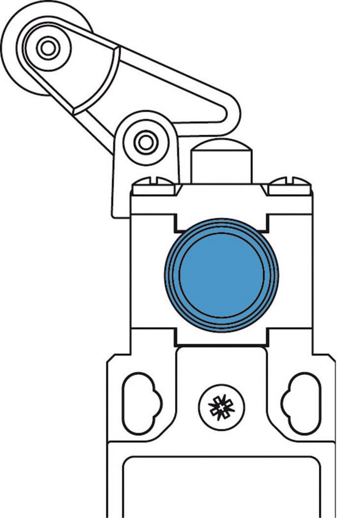 Technische tekening van een mechanisch schakeltoestel met hefboom en blauwe knop, toont mechanische werkingswijze en componenten.