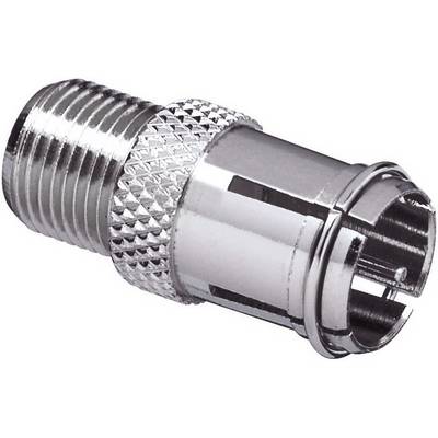 Een zilveren coaxstekker die in de elektronica wordt gebruikt voor het verbinden van kabels. Hij heeft een geribbeld patroon voor een betere grip.