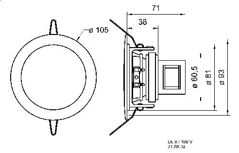 Technische tekening van een ronde inbouwspot. Toont vooraanzicht en zijaanzicht met afmetingen: diameter 105 mm, diepte 93 mm, breedte 71 mm.