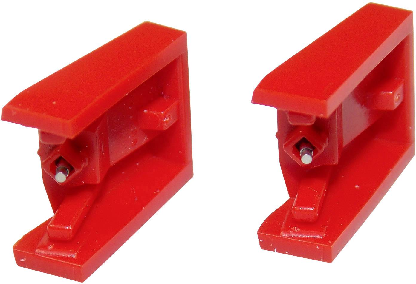Rode plastic onderdelen in L-vorm, vermoedelijk als verbinder of bevestiging, met een kleine metalen pen aan de binnenkant.
