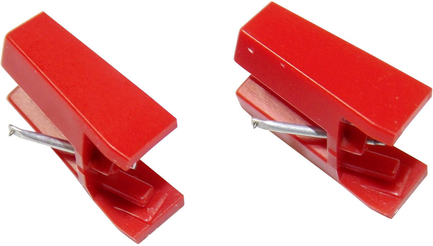 Twee rode kunststof draadverbinders, dicht naast elkaar geplaatst, met een open metalen contact in elke verbinder.