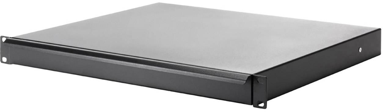 Een zwart metalen rek met een vlakke oppervlakte en zijdelingse bevestigingsbeugels, geschikt voor montage in een serverrek.