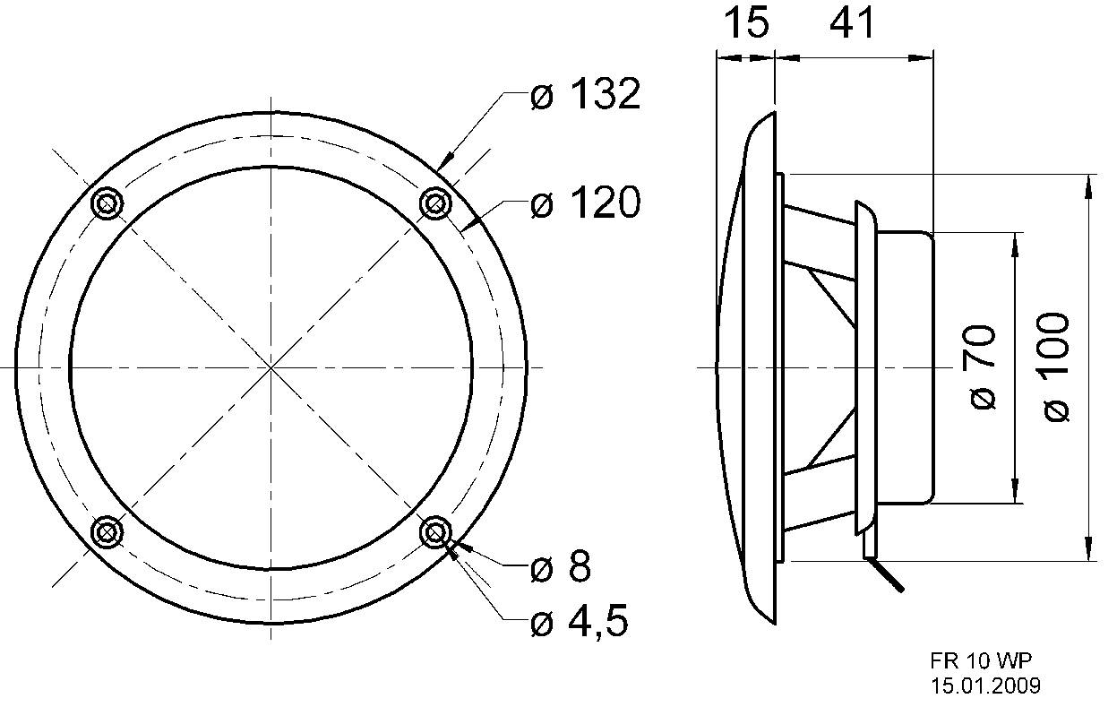 Constructietekening van een ronde luidspreker. Gegevens over diameters: 132 mm (buitenkant), 120 mm, 8 mm (bevestigingen), 4,5 mm evenals dieptemetingen.