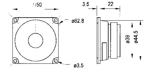 Technische tekening van een vierkant onderdeel met vier schroefgaten en zijaanzicht. Afmetingen: 62,8 mm diameter, 22 mm diepte.