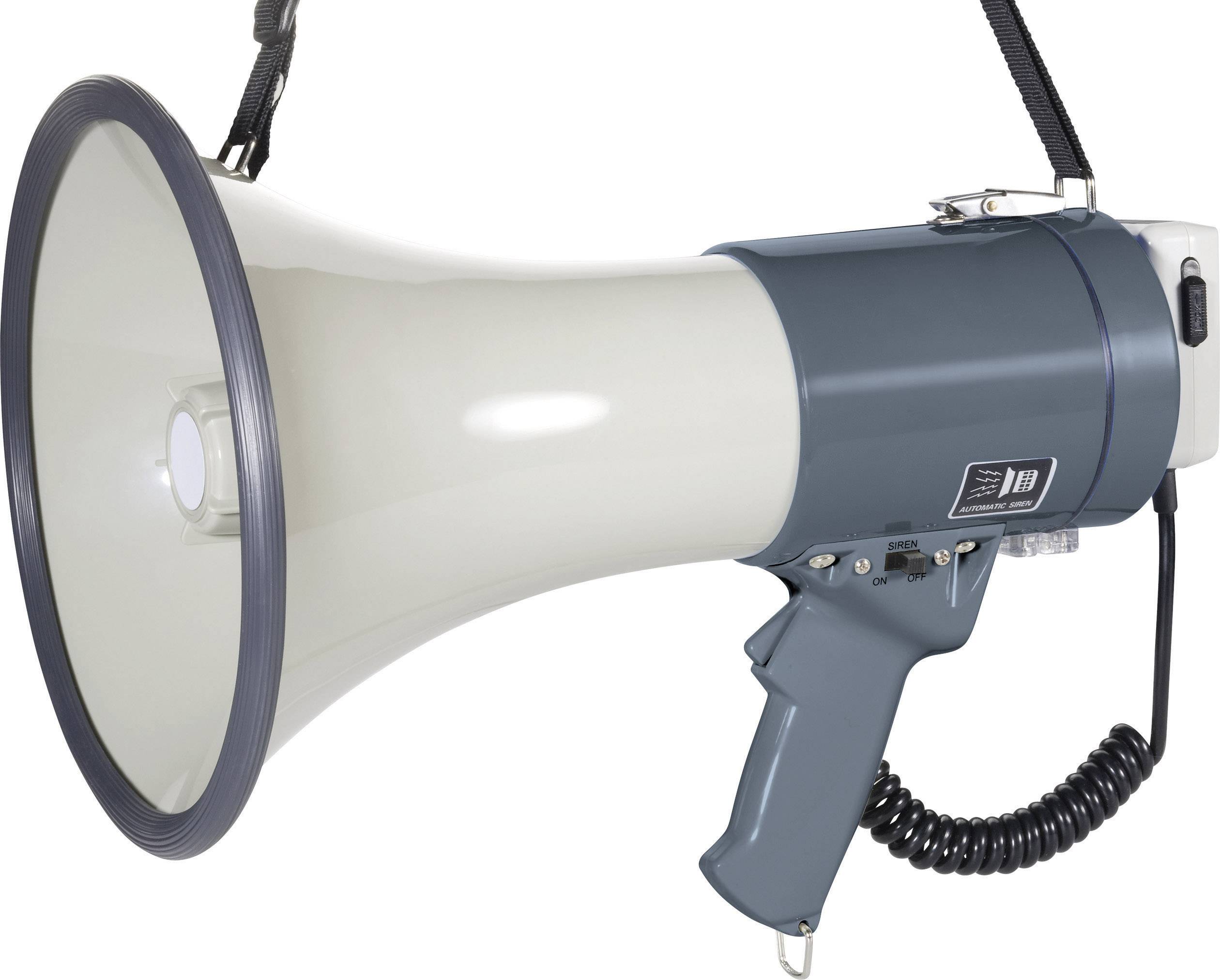 Megafoon, grijze kleur, zwarte kabel. Apparaat voor het versterken van stemvolume voor grote groepen mensen of evenementen.