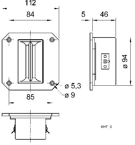 Technische tekening van een luidspreker met afmetingen: breedte 112 mm, hoogte 94 mm, diepte 46 mm. Front- en zijaanzicht tonen details van de bevestiging.