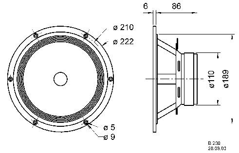 Technische tekening van een luidspreker. Links: Vooraanzicht met diameter van 222 mm. Rechts: Zijaanzicht met dieptemaatvoering en overige afmetingen.