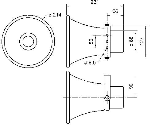 Technische tekening van een luidspreker in zij- en vooraanzicht met afmetingen in millimeters.