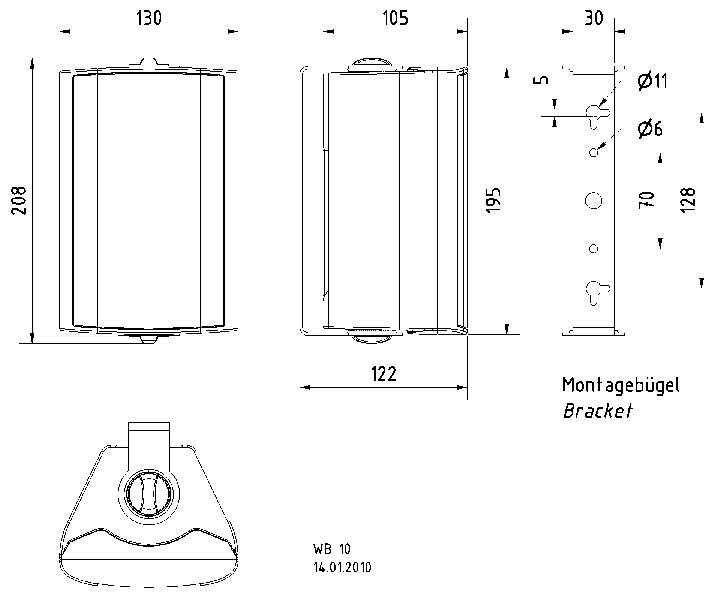 Technische tekening van een montageklem met meerdere aanzichten en afmetingen. Afmetingen in millimeters: hoogte 208, breedte 130, diepte 122.