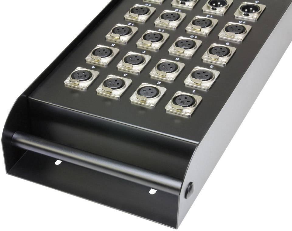 Zwart audio-patchpanel met 20 XLR-aansluitingen, georganiseerd in 5 rijen van 4 aansluitbussen.
