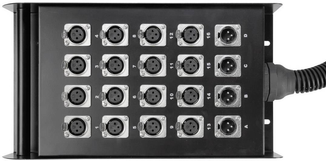 Een zwarte stekkerverdeeldoos met 16 XLR-aansluitingen, gerangschikt in vier rijen, wordt gebruikt voor het verbinden van audio-apparatuur.