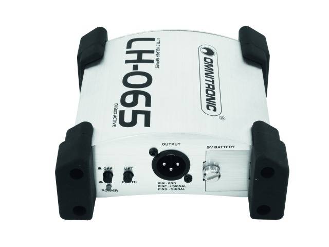 Kleine zilveren audio-DI-box met opschrift 'LH-065'. Aan de voorkant bevinden zich een XLR-aansluiting en een aan-/uitschakelaar.