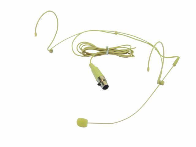 Een huidkleurig headset-microfoon met oorbeugel en XLR-aansluiting, geschikt voor presentaties en optredens.