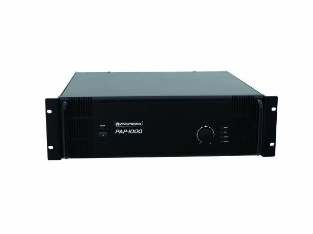 'IMG Stageline PAP-1000' versterker, zwart, met twee draaiknoppen en ventilatiesleuven aan de voorkant, voor audioversterking.