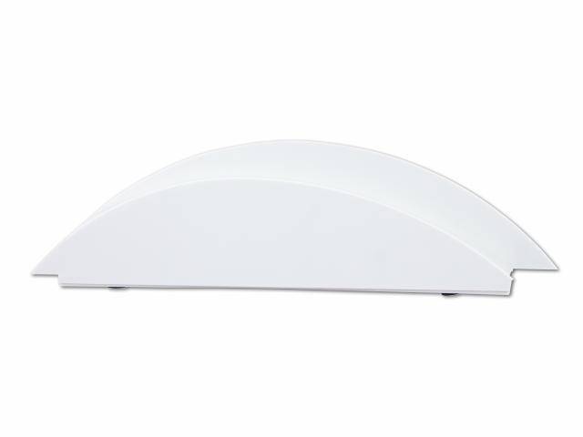 Witte, halfcirkelvormige lamp met een strak design, geschikt voor wandmontage in moderne interieurs.