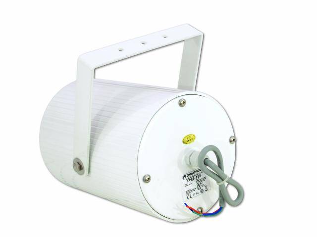 Een witte cilindrische luidspreker met kabel en handgreep, weergegeven vanaf de zijkant.