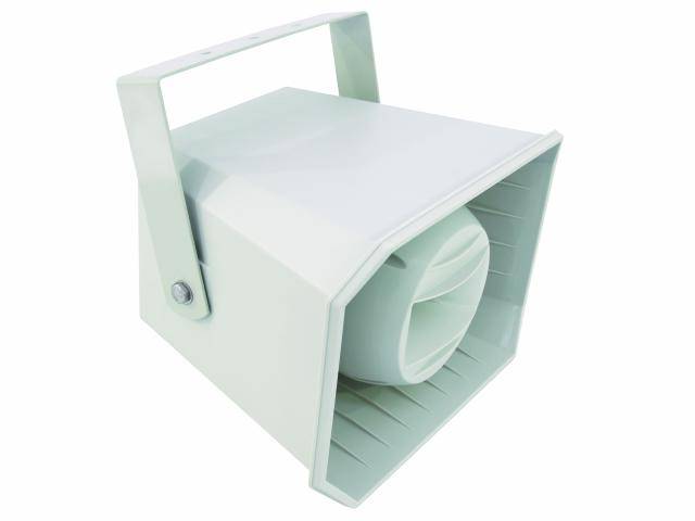 Witte podiumventilator met vierkant beschermrooster, zijdelingse handgrepen en een ronde ventilatieopening.