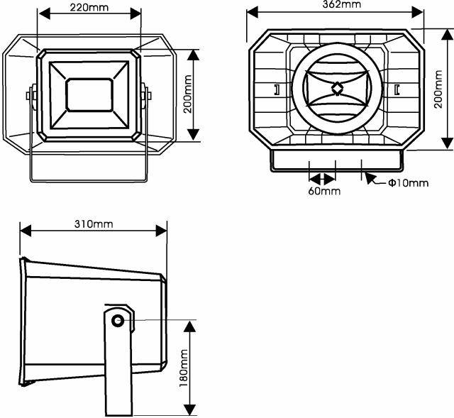 Technische tekening van een lamp met afmetingen: 220x200mm, 362x200mm, 310x180mm. Toont voor-, achter- en zijaanzicht.