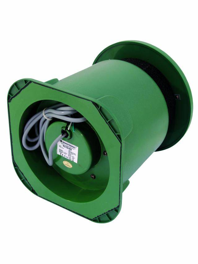 Groene cilindrische plastic component met kabels en label.
