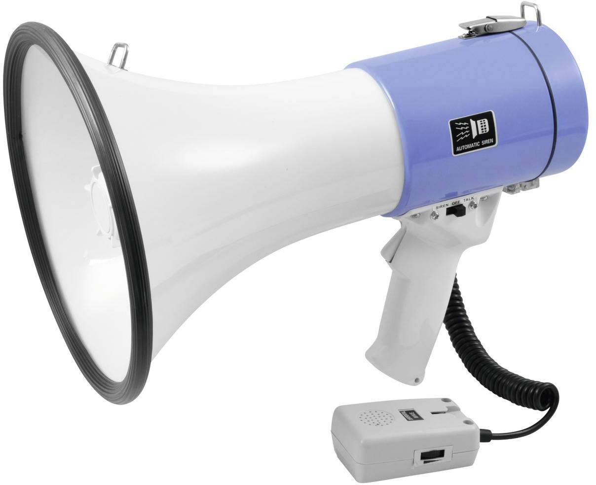 Een blauwe megafoon met een witte trechter en een afneembare microfoon, geschikt voor aankondigingen bij evenementen of demonstraties.
