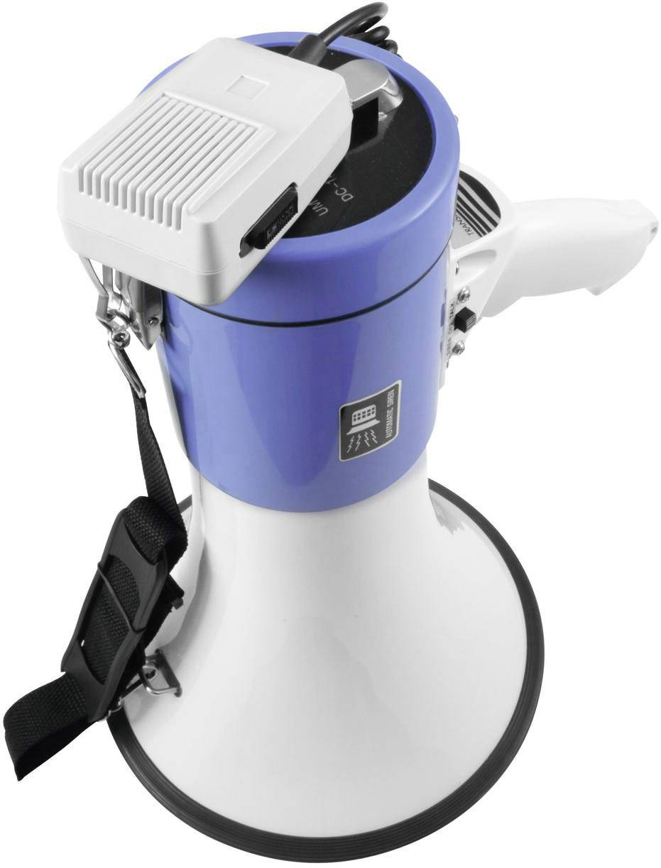 Een megafoon met een blauw en wit ontwerp, uitgerust met een draagriem en een aangebracht microfoon.