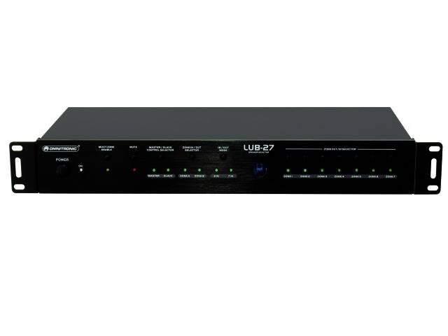 Zwarte audioprocessor met meerdere regelaars en LED-indicatoren op de voorkant. Apparaatlabel 'LUB-27'.