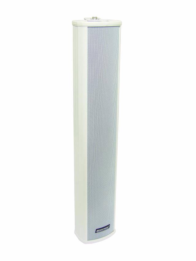Een slanke, witte luidspreker in zuilvorm met een zilveren rooster, geschikt voor heldere geluidsverspreiding in grote ruimtes.