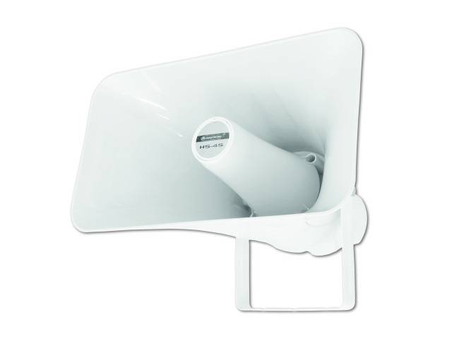 Witte megafoon met een strak design, gericht naar rechts. Geschikt voor grote ruimtes of buitengebieden.
