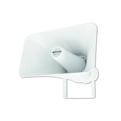 Witte megafoon met een strak design, gericht naar rechts. Geschikt voor grote ruimtes of buitengebieden.