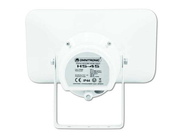 Witte luidsprekerkant met 'Omnitronic HS-45' aanduiding en technische specificaties zoals IP44-beschermingsklasse.