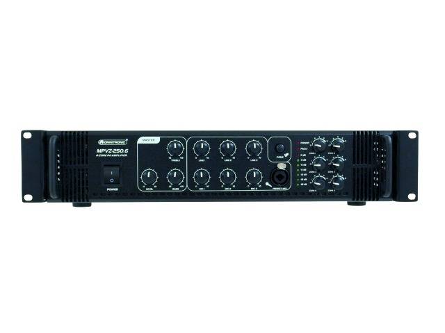 Audioversterker met meerdere draaiknoppen en schakelaars op het frontpaneel, geschikt voor gebruik in audiosystemen.