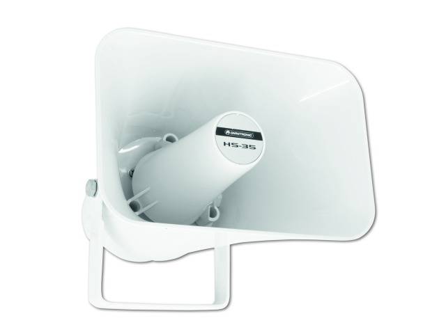 Een witte, vierkante luidspreker met de aanduiding 'HS-35' is naar links gekanteld.