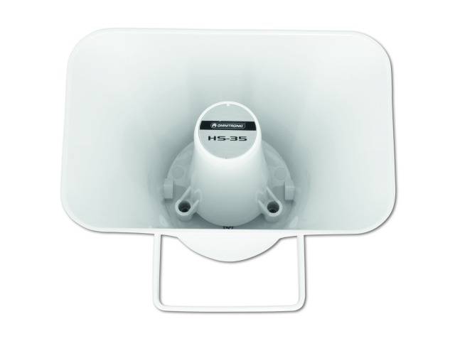 Luidspreker met wit behuizing en rechthoekige geluidsopening, geschikt voor omroepberichten of muziekweergave in buitenruimtes.