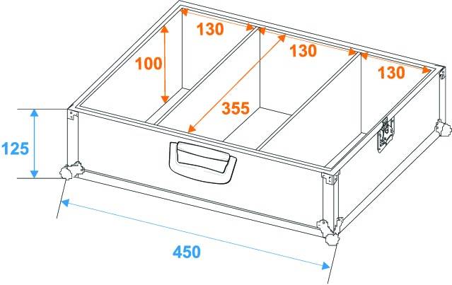 Afmetingen van een rechthoekige opbergdoos: breedte 450 mm, hoogte 125 mm, diepte 355 mm. Aan de binnenkant verdeeld in drie vakken van elk 130 mm.