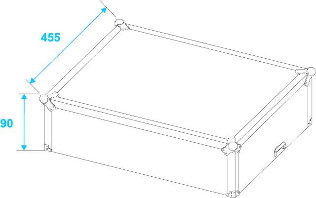 Een technische tekening van een rechthoekige doos met de afmetingen 455 x 90. De doos heeft handgrepen aan de zijkanten.