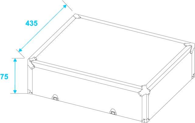Tekening van een rechthoekige doos met afmetingen 435 mm lengte en 75 mm hoogte. Hoeken zijn versterkt, bovenkant open.