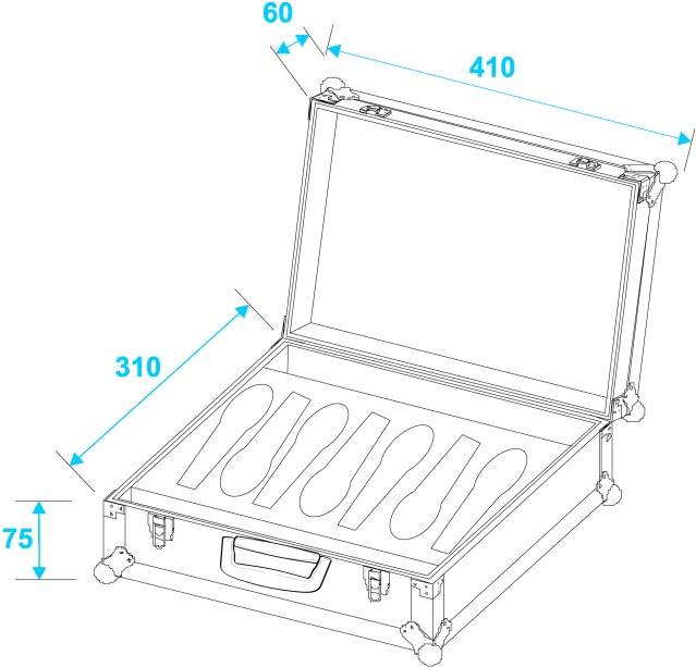 Openliggende koffer met afmetingen: 60 mm hoog, 410 mm lang, 310 mm breed. Binnenin zijn vijf visvortige uitsparingen herkenbaar.