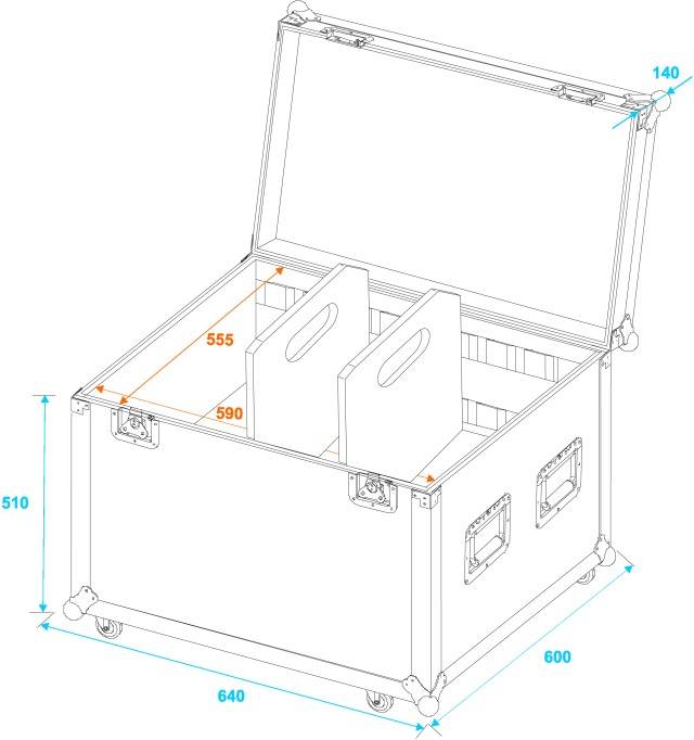 Open transportkist met wielen en scheidingswanden. Afmetingen: 640x600x510 mm. Geschikt voor het veilig opbergen van voorwerpen.