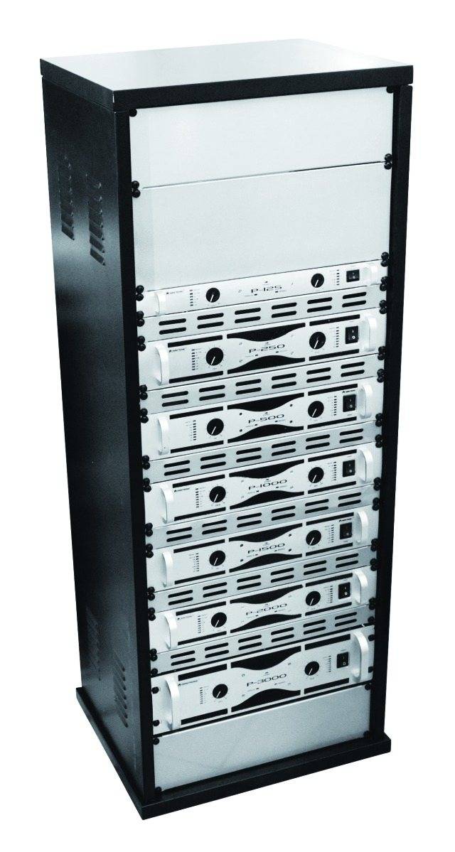Een zwarte serverrack-kast met meerdere gemonteerde serverunits, opgesteld voor IT-bedrijfsvoering en gegevensbeheer.