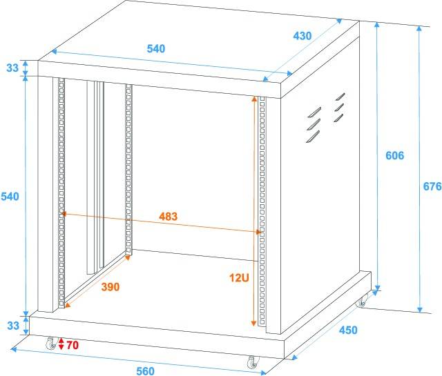 3D-diagram van een rechthoekig serverrek met afmetingen: hoogte 676 mm, breedte 430 mm, diepte 540 mm. Van binnen 12U hoog.