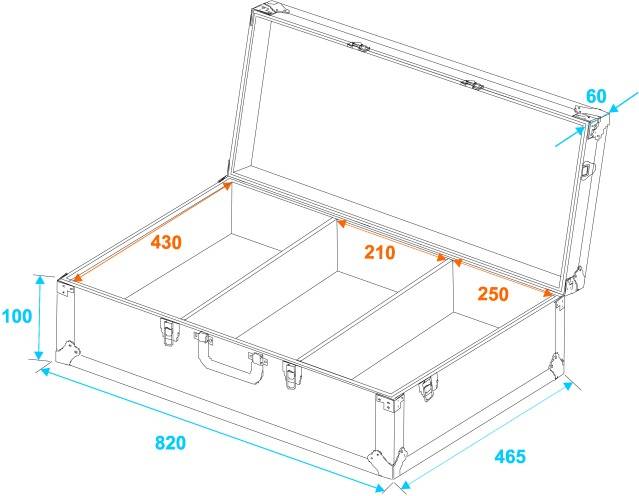 Open koffer met drie vakken. Linker vak: 430 mm, middelste vak: 210 mm, rechter vak: 250 mm. Buitenafmetingen: 820 mm x 465 mm x 100 mm.