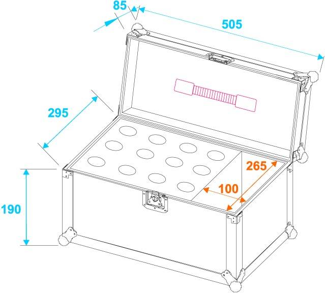 Afbeelding van een geopende kist met afmetingen: Hoogte 190, Breedte 505, Diepte 295. Aan de binnenkant 12 ronde vakken met afmetingen 265x100.